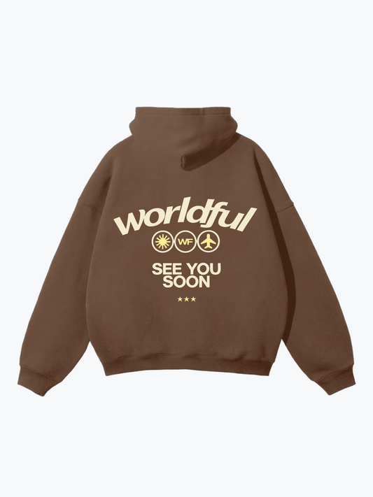 Worldful See You Soon oversized graphic hoodie in Brown