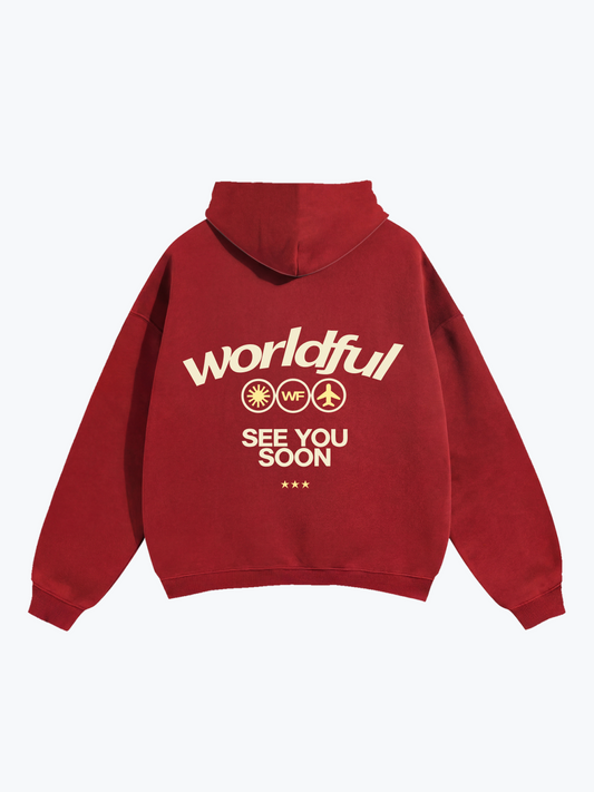 Worldful See You Soon oversized graphic hoodie in Red